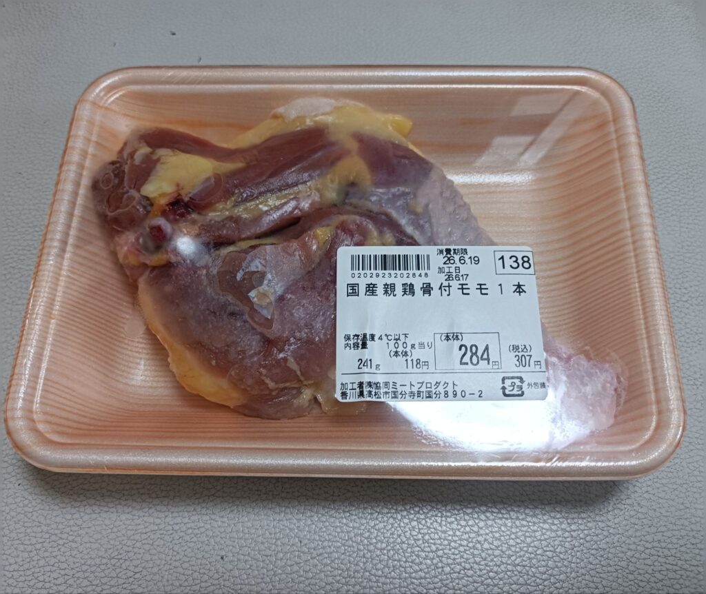 国産親鳥骨付きモモ　100グラムあたり118円