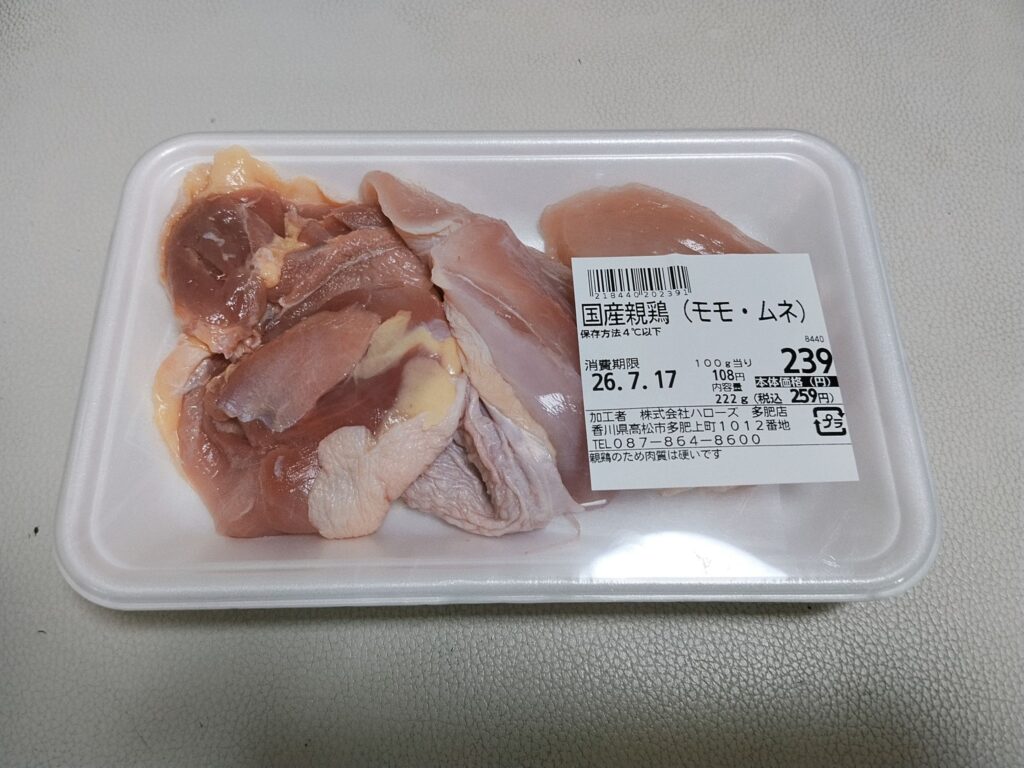 国産親鳥(モモ・ムネ)ブロック　100gあたり税抜108円